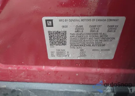 2020 Chevrolet Equinox Fwd Lt 1.5L Turbo z USA, uszkodzony, nr VIN 2GNAXKEV6L6272250